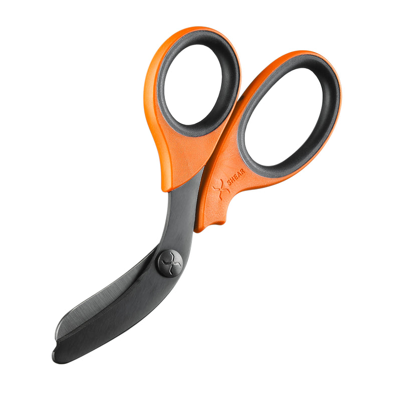 Load image into Gallery viewer, XShear 7.5” Heavy Duty Trauma Shears. Orange &amp; Black Handles, Black Titanium Coated Stainless Steel Blades, For the Professional Emergency Provider
