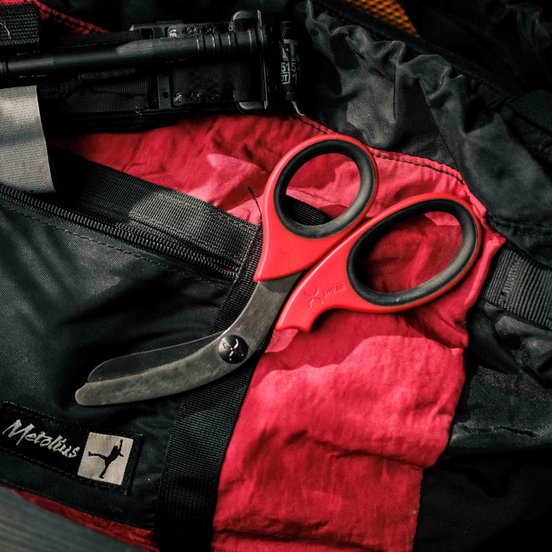 Load image into Gallery viewer, XShear 7.5” Heavy Duty Trauma Shears. Red &amp; Black Handles, Black Titanium Coated Stainless Steel Blades, For the Professional Emergency Provider
