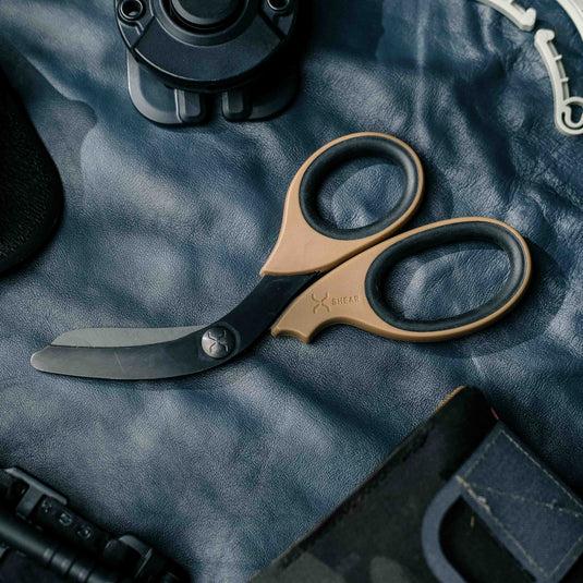 XShear 7.5” Heavy Duty Trauma Shears. Coyote Brown & Black Handles - Black Titanium Coated Stainless Steel Blades - for Professional Emergency