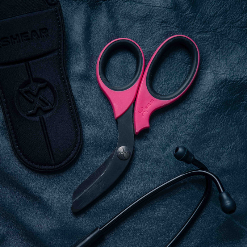 Load image into Gallery viewer, XShear 7.5” Heavy Duty Trauma Shears. Pink &amp; Black Handles, Black Titanium Coated Stainless Steel Blades, For the Professional Emergency Provider
