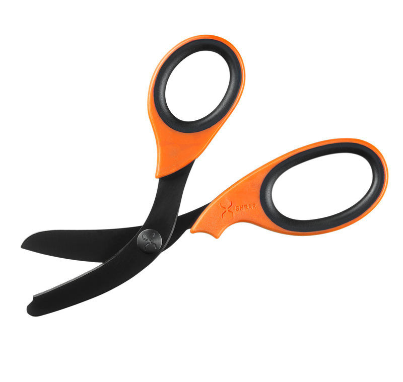 Load image into Gallery viewer, XShear 7.5” Heavy Duty Trauma Shears. Orange &amp; Black Handles, Black Titanium Coated Stainless Steel Blades, For the Professional Emergency Provider
