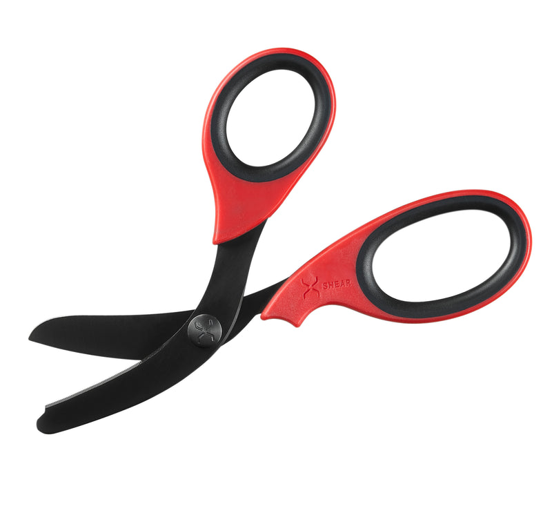 Load image into Gallery viewer, XShear 7.5” Heavy Duty Trauma Shears. Red &amp; Black Handles, Black Titanium Coated Stainless Steel Blades, For the Professional Emergency Provider
