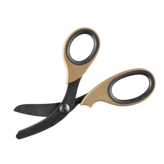 XShear 7.5” Heavy Duty Trauma Shears. Coyote Brown & Black Handles - Black Titanium Coated Stainless Steel Blades - for Professional Emergency